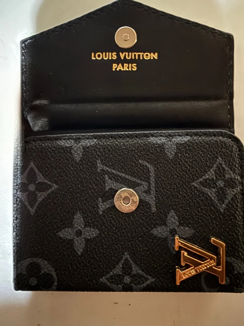 Luxury Style Black Monogram Accordion Card Holder Wallet Gold Tone Compact Case